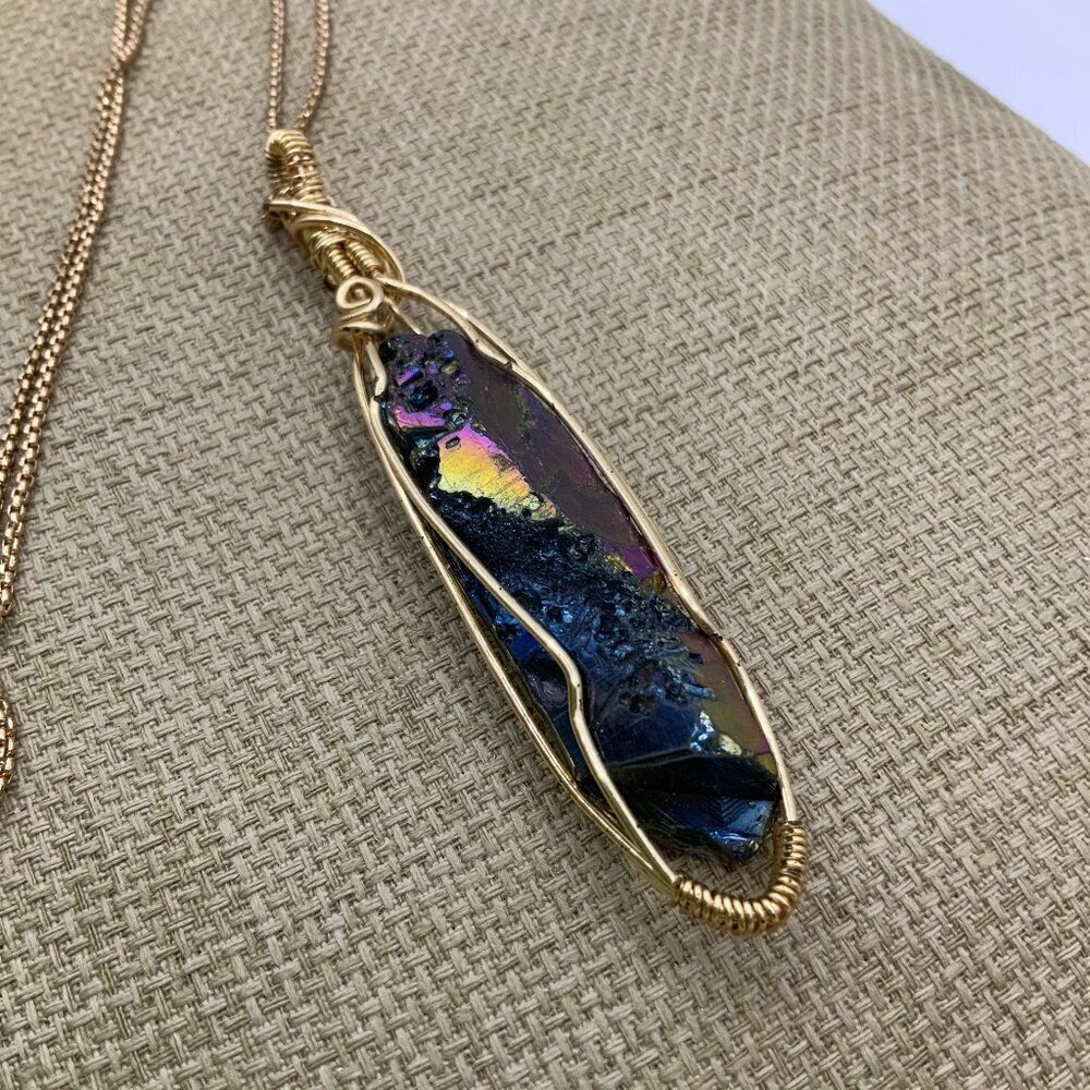 Rainbow Quartz Crystal Gold Tone Wire Wrapped Pendant Long Chain Necklace